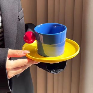 撞色咖啡杯子精致陶瓷杯碟个人专用套装 设计感小众下午茶拿铁杯