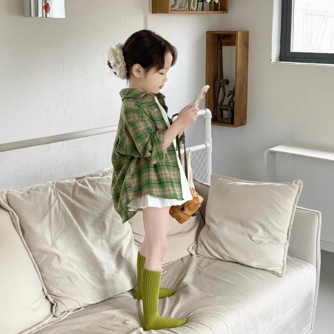 女童2025春季新款韩版少女中长款绿色格子长袖衬衫洋气百褶裙