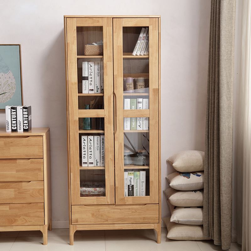 北欧实木双门书柜钢化玻璃简约现代日式经济带门书架书橱书房家具