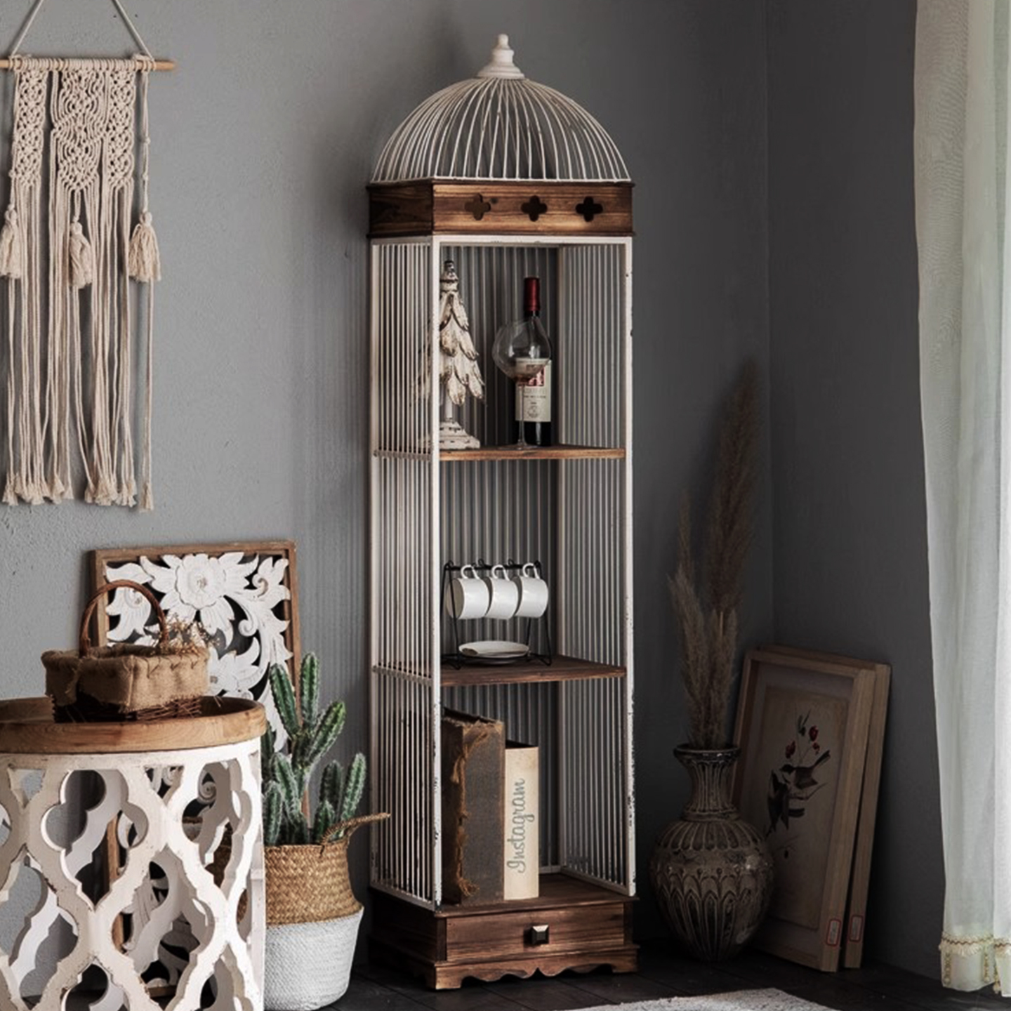 欧式复古置物架轻奢多层架实木角架做旧鸟笼展示架民宿铁艺置物架