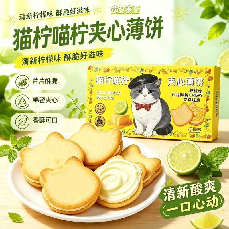 香水柠檬夹心饼干薄脆小猫饼儿童充饥休闲美味好吃零食品独立包装