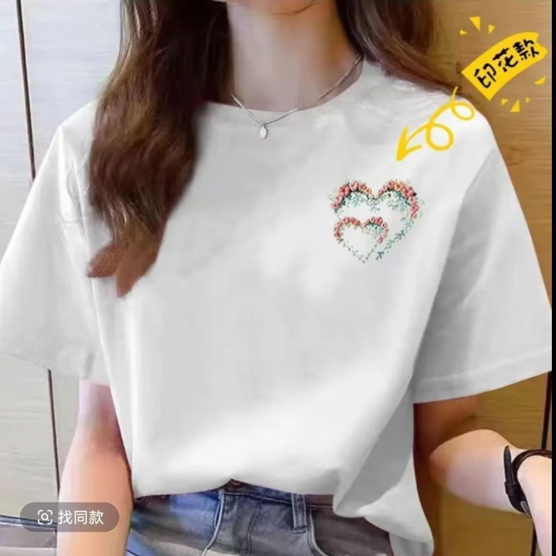 白色女装网红夏装新款韩版休闲宽松大码女装短袖印花T恤女圆领T
