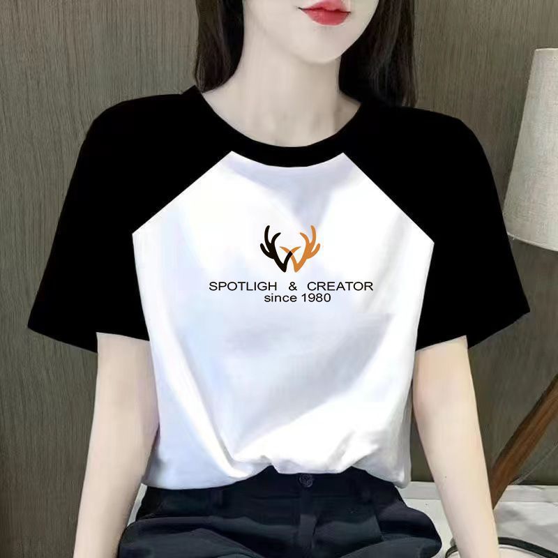 夏季新款短袖女拼色t恤女学生韩版时尚宽松大码ins上衣打底衫女