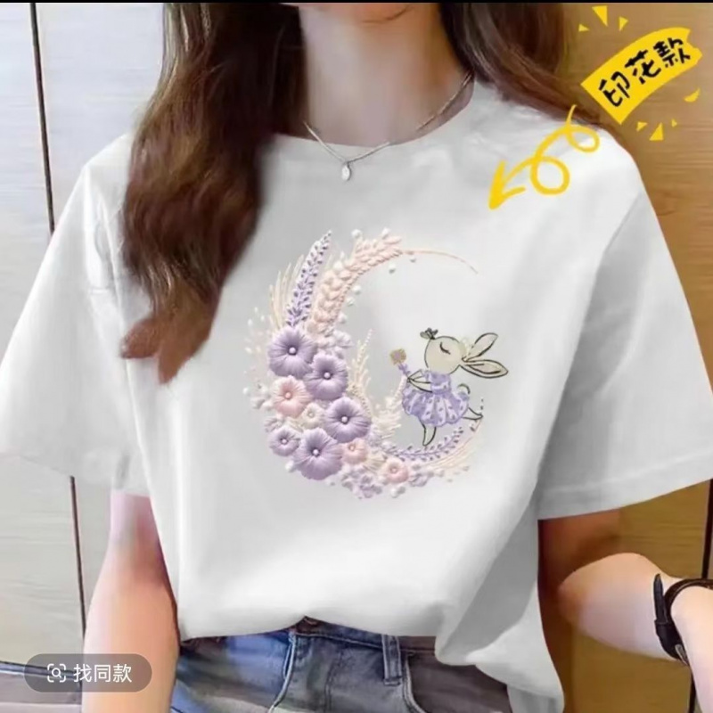 白色女装网红夏装新款韩版休闲宽松大码女装短袖印花T恤女圆领T