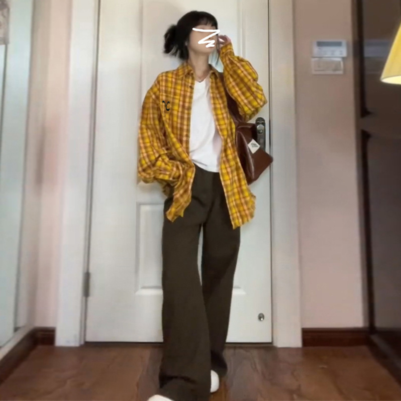 美式复古黄色格子衬衫外套男女早
