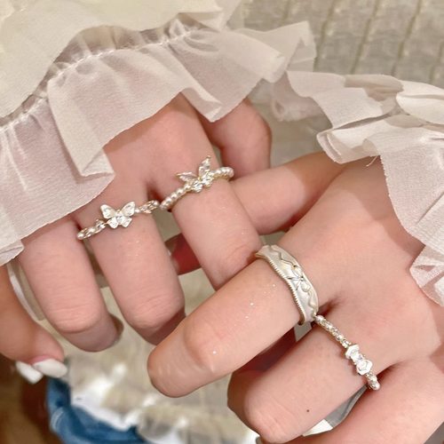 EmoPluto「假日限定」超仙温柔风珍珠蝴蝶戒指开口千金风指戒小众