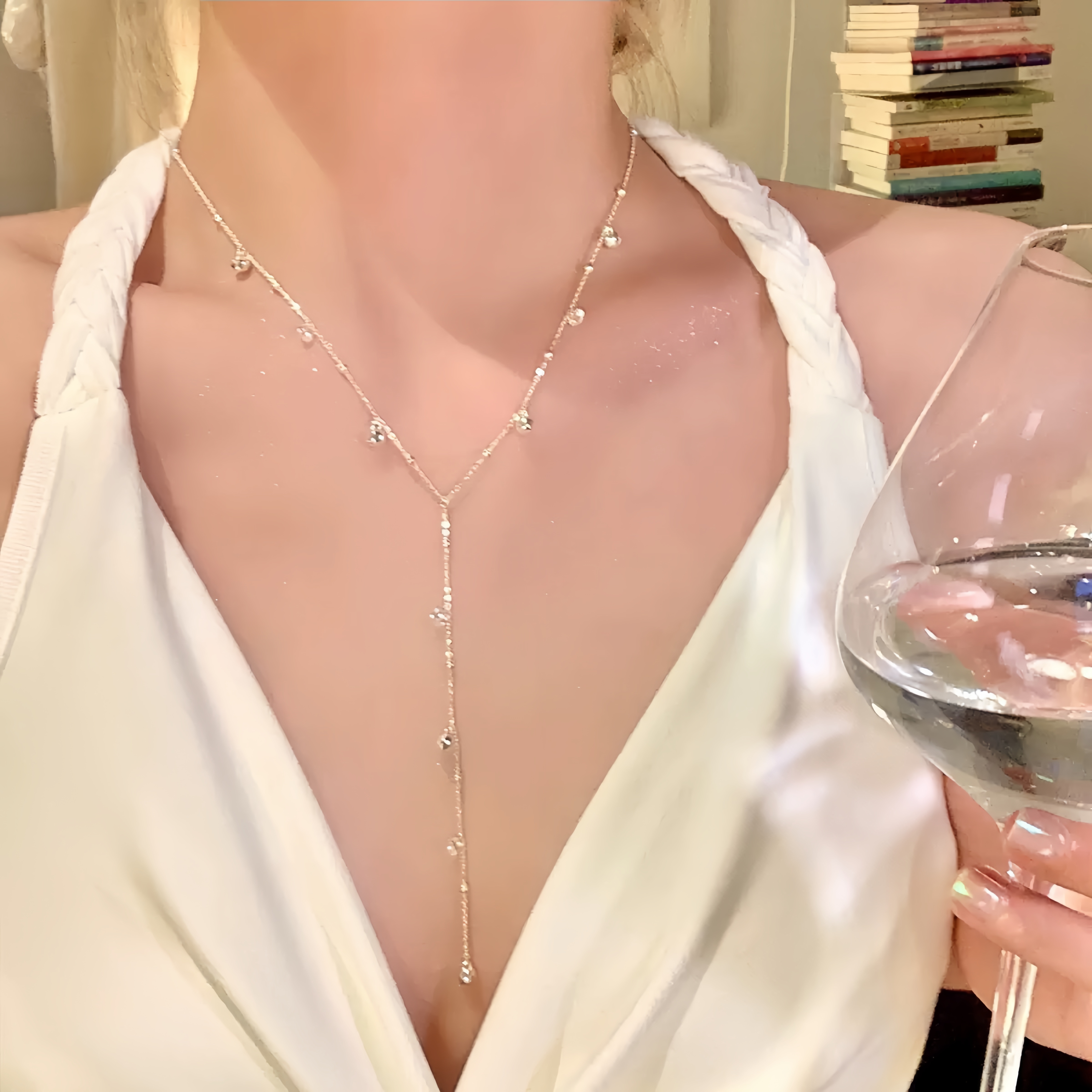 EmoPluto「白苔」满天星法式Y字流苏珍珠项链气质设计感锁骨链