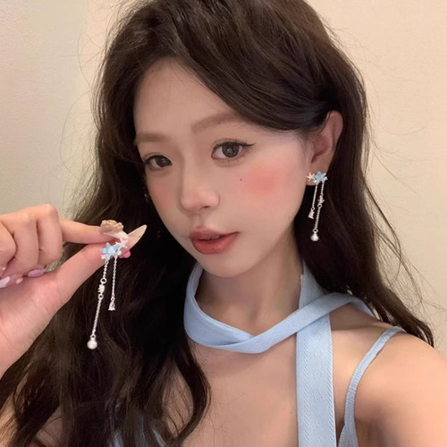 EmoPluto「海屿来信」精致小巧蓝色耳钉超仙耳环流苏耳饰女925银