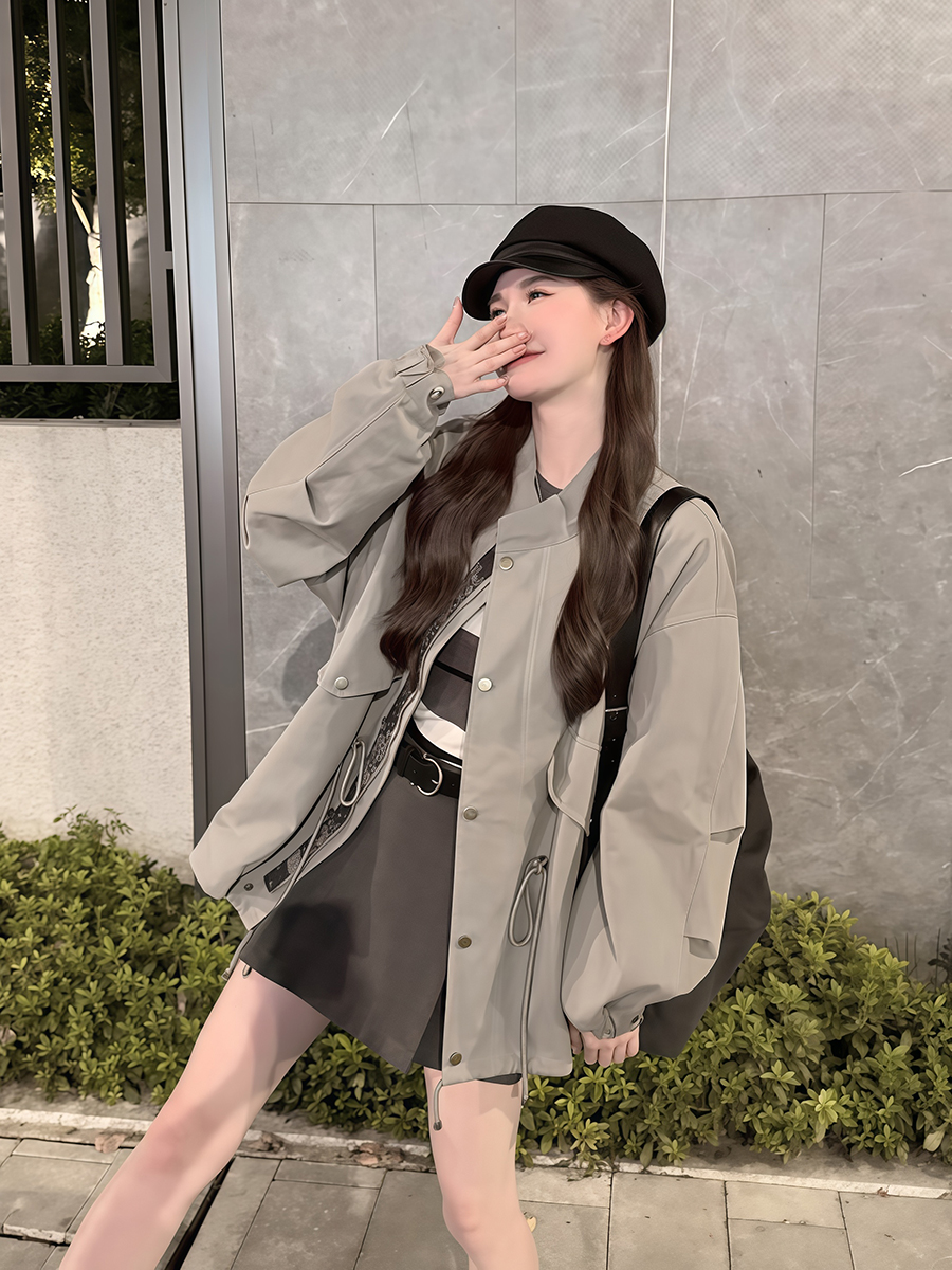 韩式高端女士拉绳立领风衣，2025春秋季新款，娇小中长休闲上衣