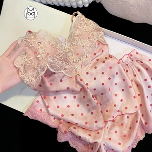 高级感吊带冰丝睡衣女款 夏季 带胸垫圆点性感蕾丝纯欲风家居服套装