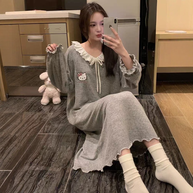 可爱卡通花边纯色睡裙女春秋季长袖睡衣2025年新款棉质休闲家居服,女士内衣/男士内衣/家居服,睡裙,淘宝优惠券,粉丝福利购,淘宝优惠卷