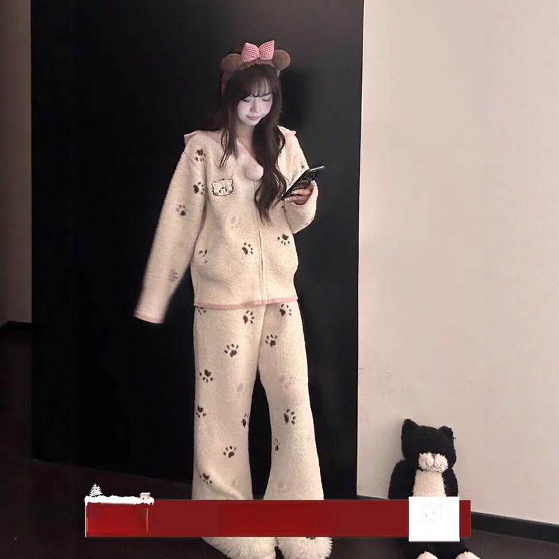 甜美卡通猫耳连帽针织半边绒睡衣女2025秋冬款大码保暖家居服套装,女士内衣/男士内衣/家居服,睡衣/家居服套装,淘宝优惠券,粉丝福利购,淘宝优惠卷