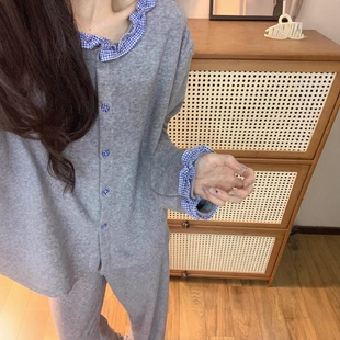 日系蓝灰花边长袖 简约纯色甜美家居服两件套 睡衣女春秋款 2025新款