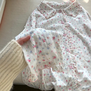 大码 睡衣女春秋新款 亲肤开衫 长裤 女 法式 家居服套装 木耳边碎花长袖