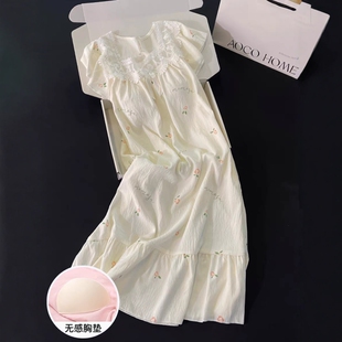 小飞袖 大码 杏色小花裙家居服 睡衣梭织棉带胸垫2025新款 睡裙女夏季