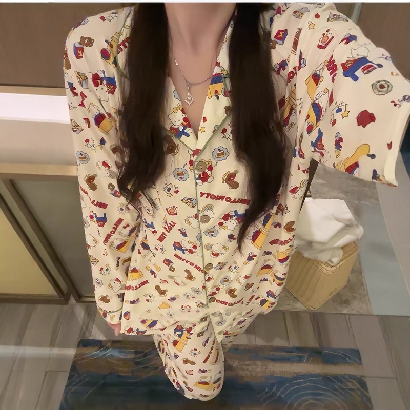 卡通KT猫印花睡衣女春秋款2024年新款长袖可爱学生少女家居服套装,女士内衣/男士内衣/家居服,睡衣/家居服套装,淘宝优惠券,粉丝福利购,淘宝优惠卷