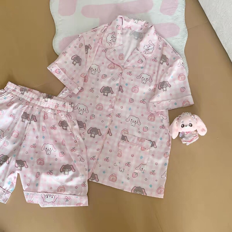 邱邱自制日系可爱夏季新款冰丝清凉软妹小兔子短袖短裤睡衣套装
