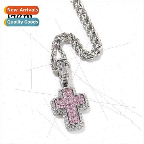 Hip Hop Fashion T-Square Zirconia Pink Cross Necklace mple E