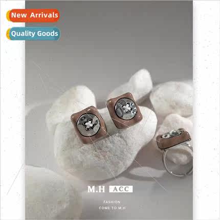 Brown resin button earrings female cute fashion exquise s925