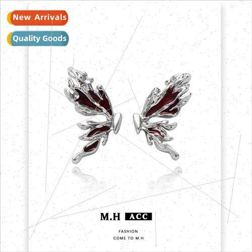 Red asymmetric butterfly earrings female retro matching earr