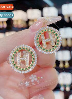 925 silver needle earrings full diamond H letters earrings f