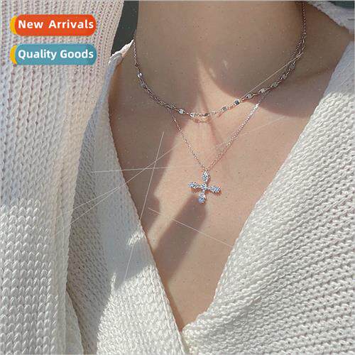 che delicate silver double layer wh diamonds cross necklace