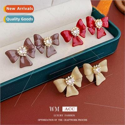 silver pin diamond oil drop bow earrings fall winter fashion