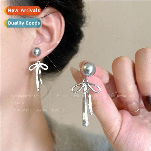 Bow tie gray pearl earrings female autumn winter 2023 new ea