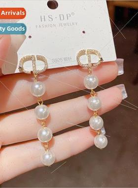 French pearl string tassel earrings s925 silver pin fashion