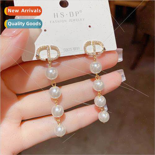 French pearl string tassel earrings s925 silver pin fashion