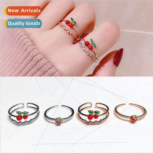 Korea girl heart cute ltle strawberry cherry open ring fresh