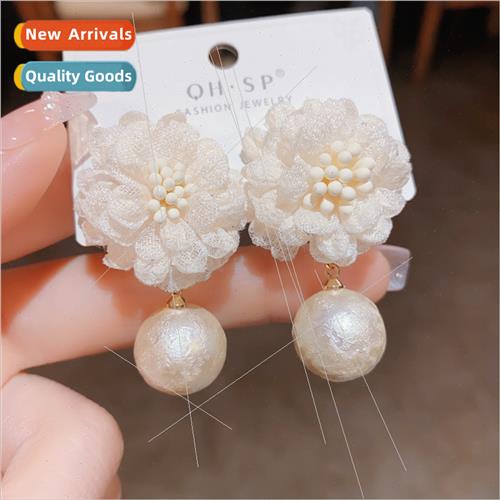 Summer new lerary fabric flowers hanging pearl earrings fema