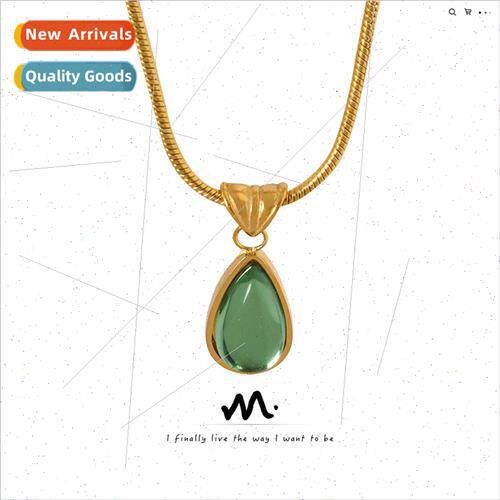 French vintage olive green blue teardrop pendant necklace fe