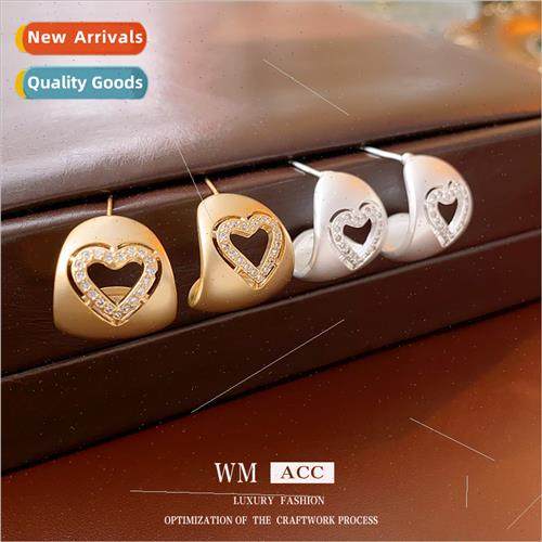 silver needle zirconia love hollow earrings simple versatile