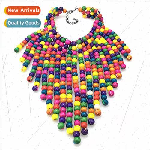 Floral pattern colorful wooden beads necklace women triangle