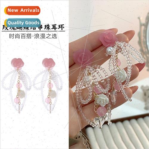 Romantic Camellia New summer bow earrings pink rose flower e