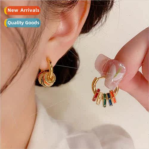 French Vintage Colorful Enamel Drip Oil Circle Earrings Fash