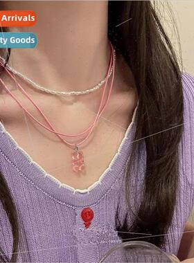 spring Pink Pearls Cute Double Layer Bear Necklace che Stack