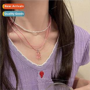 spring Pink Pearls Cute Double Layer Bear Necklace che Stack