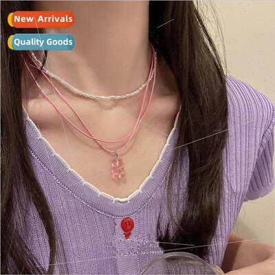 spring Pink Pearls Cute Double Layer Bear Necklace che Stack