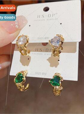 French vintage love heart zircon earrings s925 silver pin ni