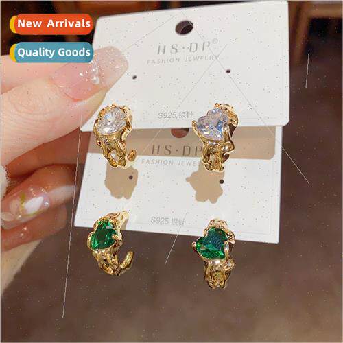 French vintage love heart zircon earrings s925 silver pin ni