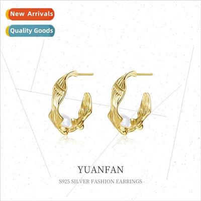 925 silver twisted geometric pearl earrings niche Europe ins
