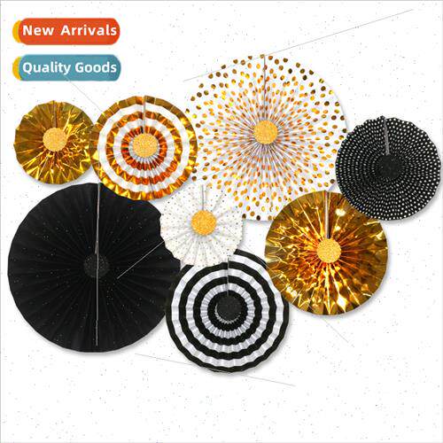 Skeleton Stamping Black Whe Gold Paper Fan Flower 8pcs Set S