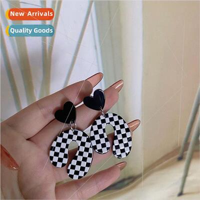 French vintage heart checkerboard grid 925 silver pin peach