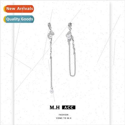 Pearl asymmetrical chain earrings female earrings 925 niche