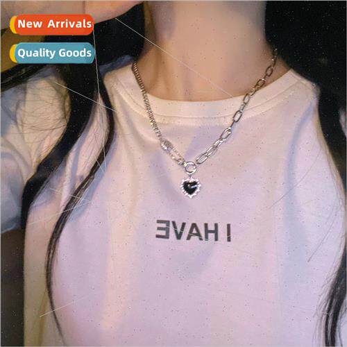 Black heart wh diamonds pin necklace female full diamond ins