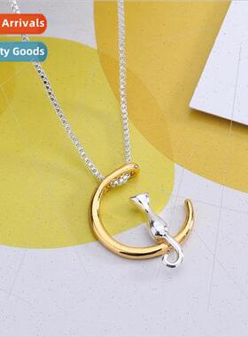 Koreasimple fashion versatile silver cat moon necklace men w
