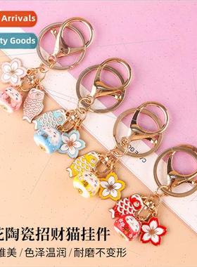 Sakura ceramic tune cat pendant creative keychain bag hangin