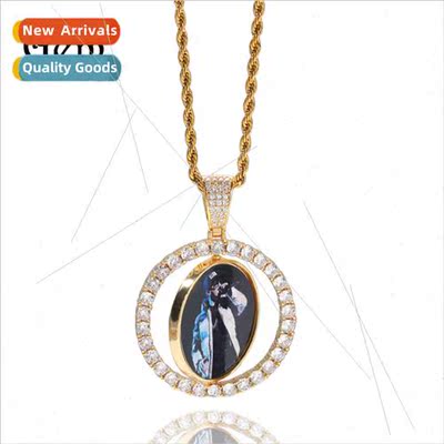 Rotatable double-sided photo pendant copper with zirconia co
